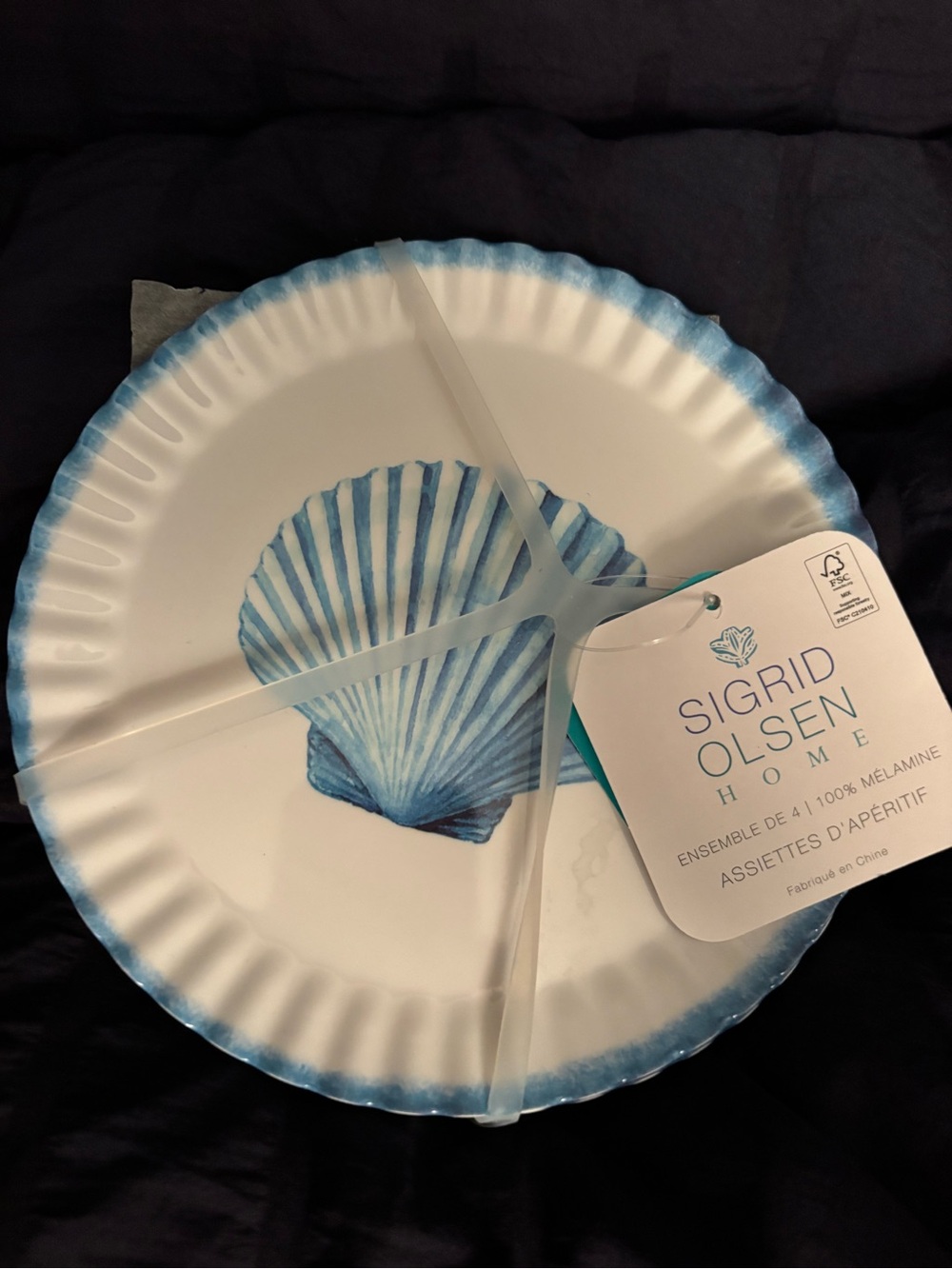 Sigrid Olsen White Melamine Plates with Blue Shell Design